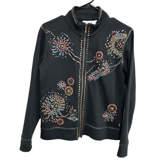Chicos Zenergy Embellished Black Jacket Size Medium Colorful Beaded Design - Picture 1 of 9